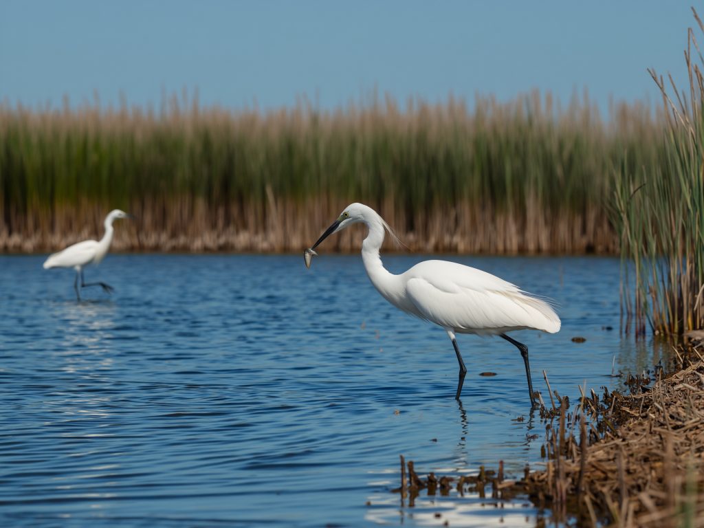 Aigrette garzette pêchant dans un marais de Camargue lors d’un safari Camargue Sauvage
